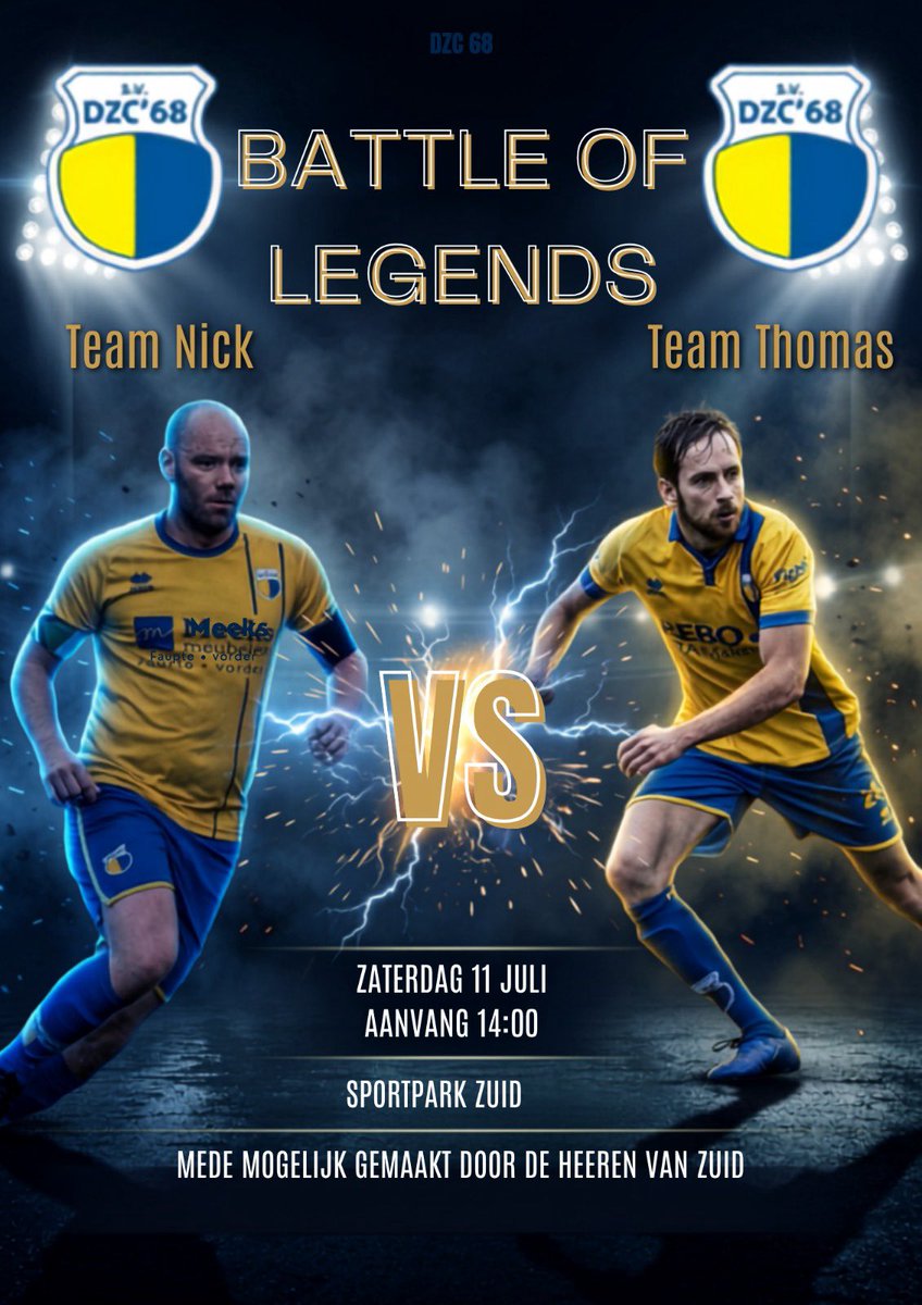 dzc68's tweet photo. Battle of legends bij DZC ‘68

Op 11 juli zwaaien we onze clubiconen Thomas en Nick uit op Sportpark Zuid. Beide spelers hebben hun eigen team samengesteld met oud DZC-ers voor een speciaal mini‑toernooi. Kom langs, moedig ze aan en geef ze het afscheid dat ze verdienen 💛💙 https://t.co/7gAo276NuT