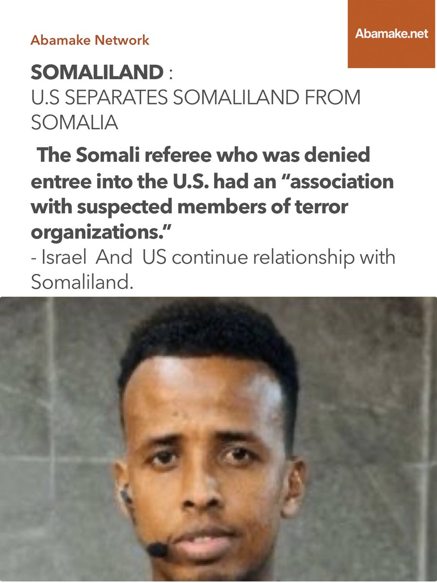 realabamake's tweet photo. #Somali referee Omar Abdulkadir Artan being rightfully denied US entry for the 2026 FIFA World Cup due to his reported associations with suspected terror organization members.

#Somaliland lauds the security-based decision.

US officials confirmed the denial at Miami airport followed vetting that uncovered derogatory information, despite Artan holding a valid visa and being named Africa’s top male referee in 2025.

Worldwide reactions include support for the U.S and Trump Administration for prioritizing national security alongside mentions of his prior antisemitic social media comments about Jews targeting Muslims.

SAY NO TO TERRORISM