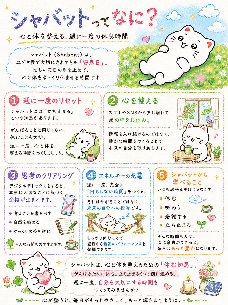 shironeko_7para's tweet photo. 最近ちゃんと休めてる？『シャバット』は"しなければいけない"ことから解放されて"心からしたいことをする"時間。今あるものに感謝が生まれ、直感力が回復したり、しあわせを感じるチカラを取り戻すことができるよ。がんばることと同じくらい休むことも大切にね。 https://t.co/QTF634ysrX
