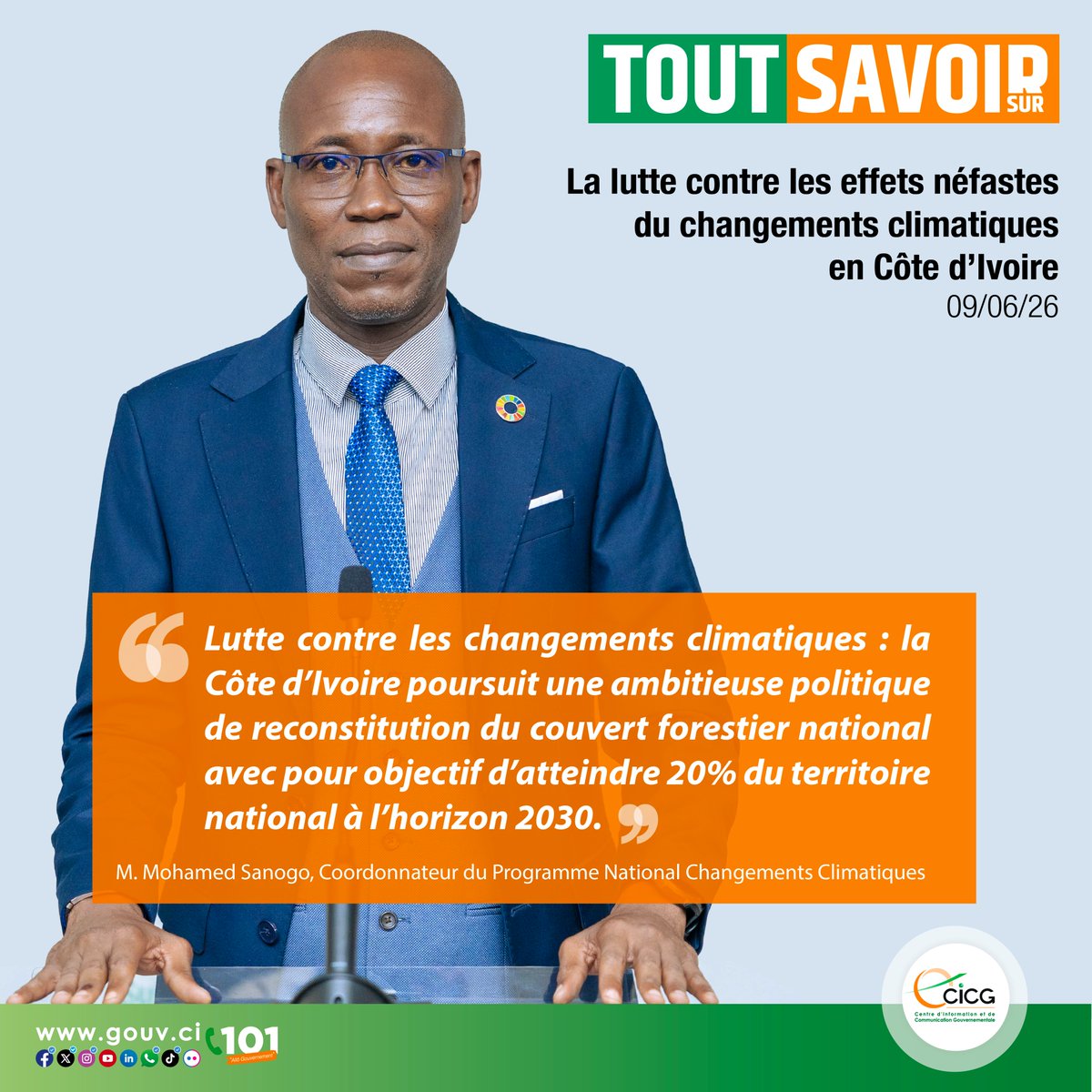 Gouvciofficiel's tweet photo. #ToutSavoirSur | Ce qu'il faut retenir de notre échange sur la lutte contre les effets néfastes du changement climatique en Côte d'Ivoire

       Réduction des émissions de GES
       Reconstitution du couvert forestier
       Défis de financement de l'action climatique

🎙️ Avec M. Mohamed Sanogo, Coordonnateur du Programme National Changements Climatiques

▶️ Revoir le direct : https://t.co/r5LpT2BkaH

#CICG #GouvCI