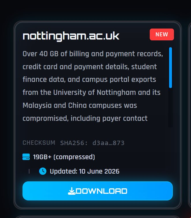 PolitlcsUK's tweet photo. 🚨 NEW: The University of Nottingham has suffered a "serious" data breach affecting its campuses in the UK, China and Malaysia

Students' personal and financial information are now up for sale on the dark web https://t.co/uGgxf53PWv