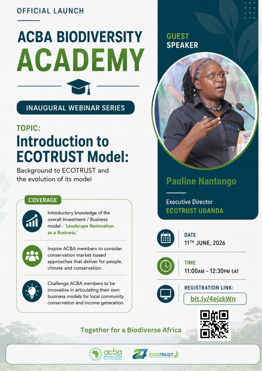 ECOTRUST_Ug's tweet photo. Conservation. Communities. Climate Action.

Tomorrow, join @ECOTRUST_Ug Executive Director Pauline Nantongo for an introduction to the model that has helped drive 27 years of conservation impact in Uganda.

📅 Thursday 11th June 2026
⏰ 11:00 AM EAT
🔗 https://t.co/Ehp3thMkLa https://t.co/dU9Z0KTDjm