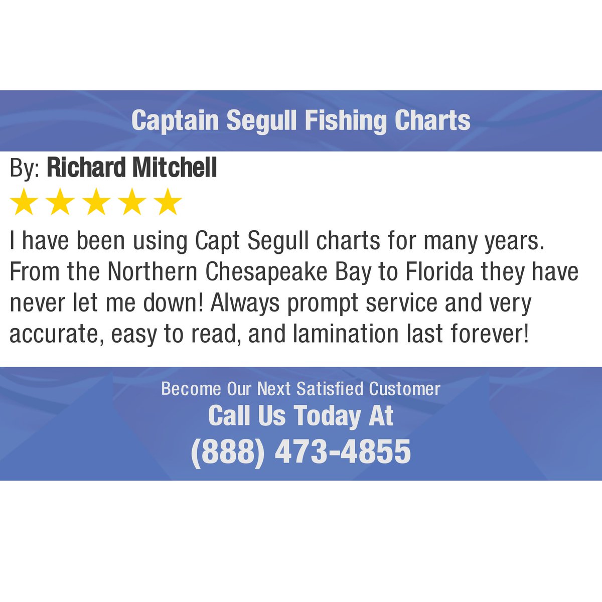 CaptSegullChart's tweet photo. 5 Star: Richard M. "I have been using Capt Segull charts for many years. From the Northern Chesapeake  Bay to Florida they have never..." https://t.co/Ayc5zXNrTC