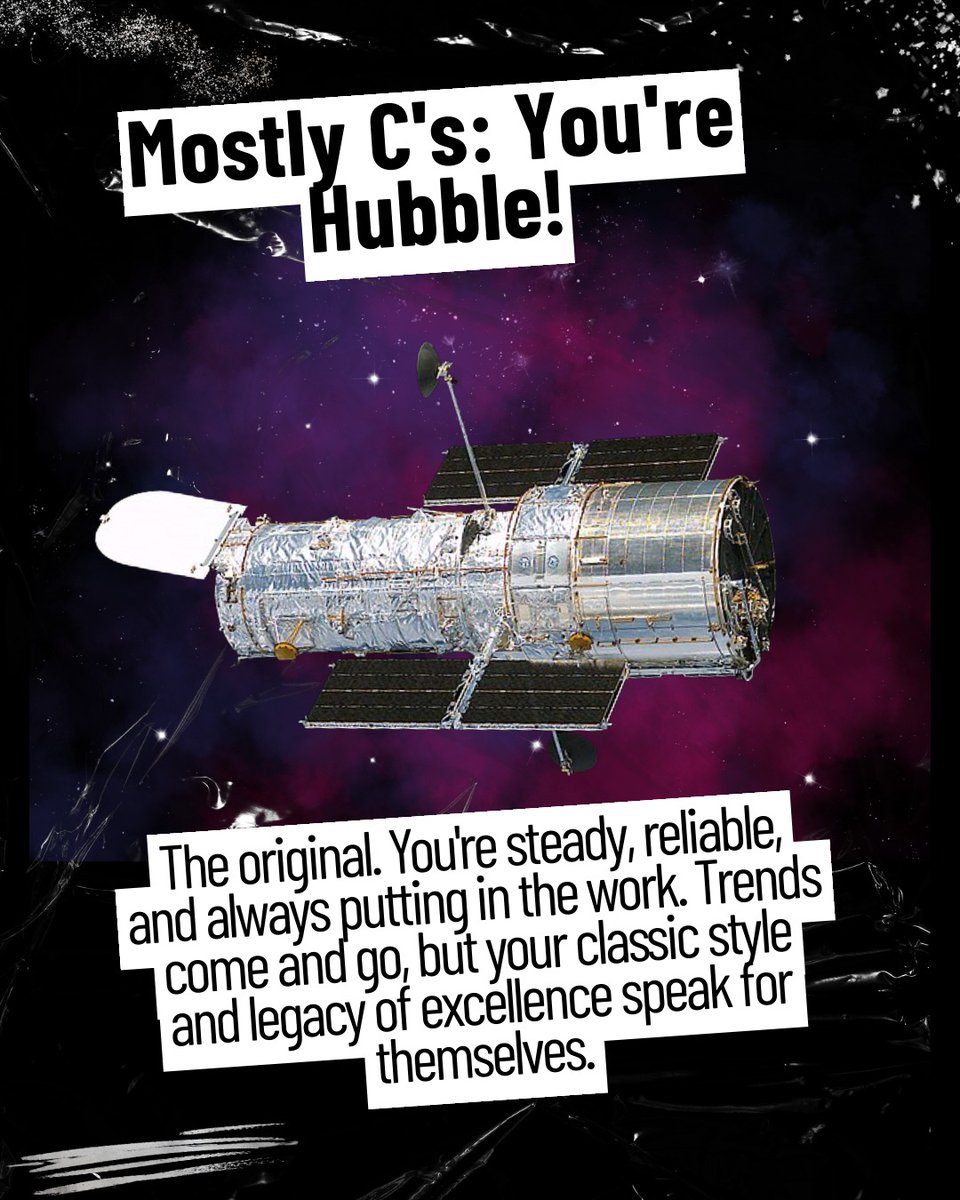 Black and white graphic with purple accents. Text on white background: “Mostly C’s: You’re Hubble! The original. You’re steady, reliable & always putting in the work. Trends come and go, but your classic style and legacy of excellence speak for themselves.” An illustrated Hubble sits in the middle of the text.