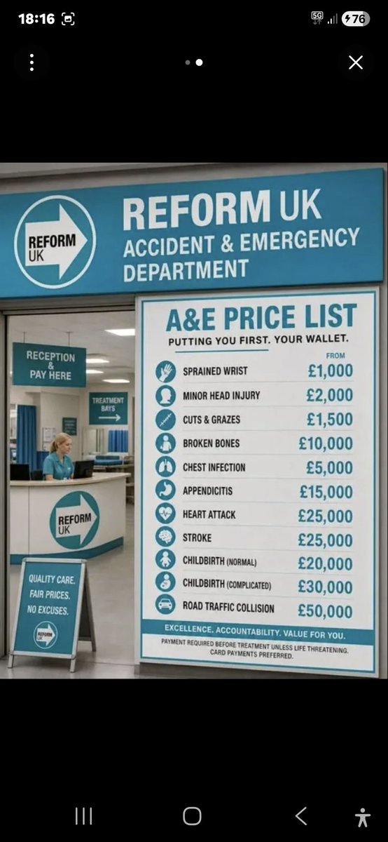 SunderlandLolly's tweet photo. @Nigel_Farage Reform and Nigel Farage want to scrap the NHS and introduce private healthcare, as in the USA, where people have to go bankrupt if they get cancer or diabetes. They are NOT the party of the worker!!! https://t.co/Ei5otjsFnW