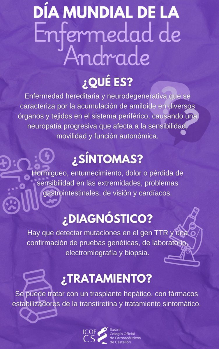 NoInvisibles's tweet photo. Es #DíaMundialdelaEnfermedadDeAndrade
La Enfermedad de #Andrade es una patología genética, rara y progresiva que puede iniciar con hormigueo, dolor, entumecimiento o debilidad en pies y piernas, y afectar también a otros órganos. Informar ayuda al diagnóstico temprano. #AmiloidosisHereditaria
Decálogo de Buenas Prácticas para mejorar el diagnóstico precoz y su manejo integral.
Promovido por @AmiloidosisIB y #ASVEA
Gracias @somos_pacientes 
https://t.co/MxpOuLdQA2