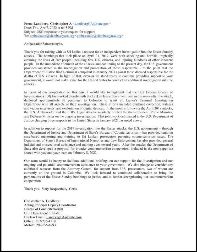 RohanGunaratna's tweet photo. This is the letter sent to Sri Lankan Embassy in the US in 2022, upon a request by #SriLanka to support Sri Lanka with an additional investigation into the #EasterSundayattack.
More on how the US gov responded to Sri Lanka’s Easter Sunday attack here: https://t.co/my7JbAl0b3 https://t.co/Yh0p8nENK2