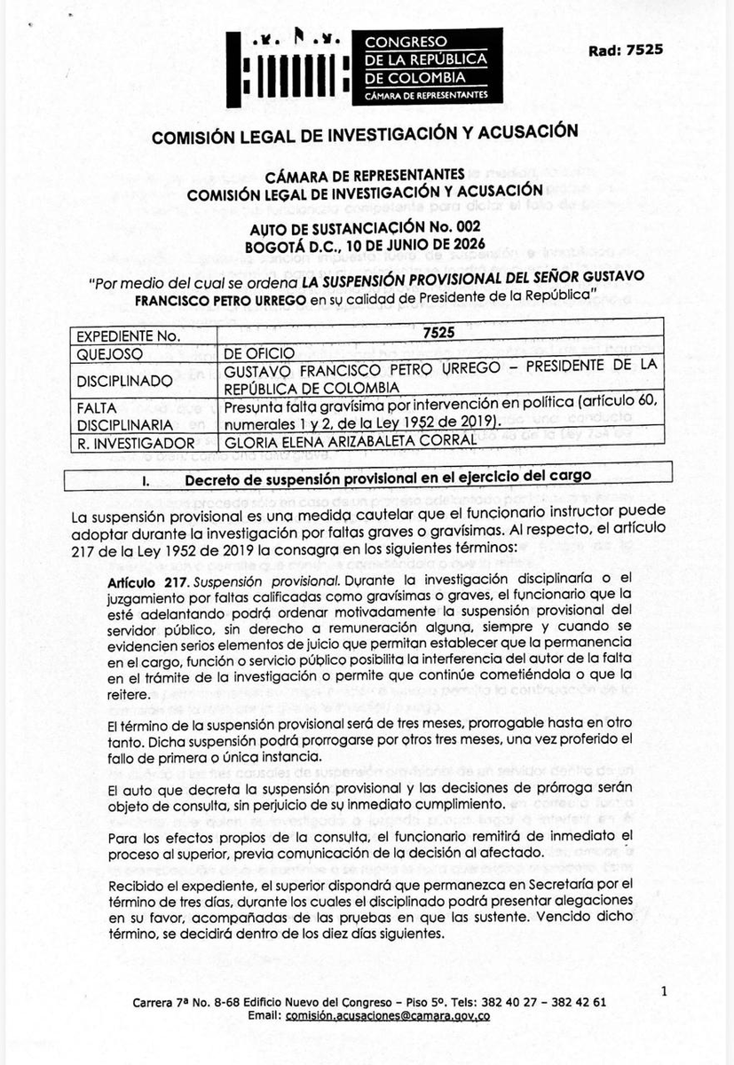 NoticiasRCN's tweet photo. #ATENCIÓN | La presidenta de la Comisión de Acusación de la Cámara de Representantes, Gloria Arizabaleta, pide suspender al presidente Gustavo Petro de su cargo. Esta decisión la emite por un auto de oficio. https://t.co/IZlr4wXjlu
