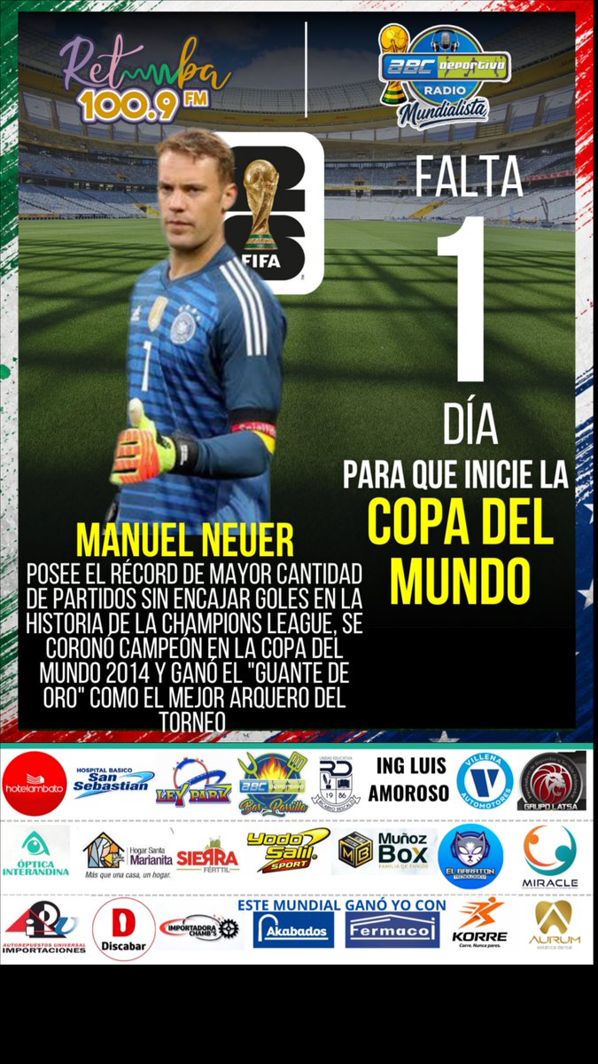 SamirS12_'s tweet photo. 🌎🏆 ¡FALTAN 1 DÍA PARA QUE EL MUNDO SE DETENGA Y RUEDEN LAS EMOCIONES DEL MUNDIAL! ⚽🔥

📻 El Mundial lo escucharás en vivo y en directo por:
🔥 @ABCDeportivoEc – Radio Retumba 100.9 FM 🔥

⏳ 1 día…
🔥 ¡La cuenta regresiva ya comenzó!

#Mundial2026 #ABCDeportivo https://t.co/Gq1y8peCMR
