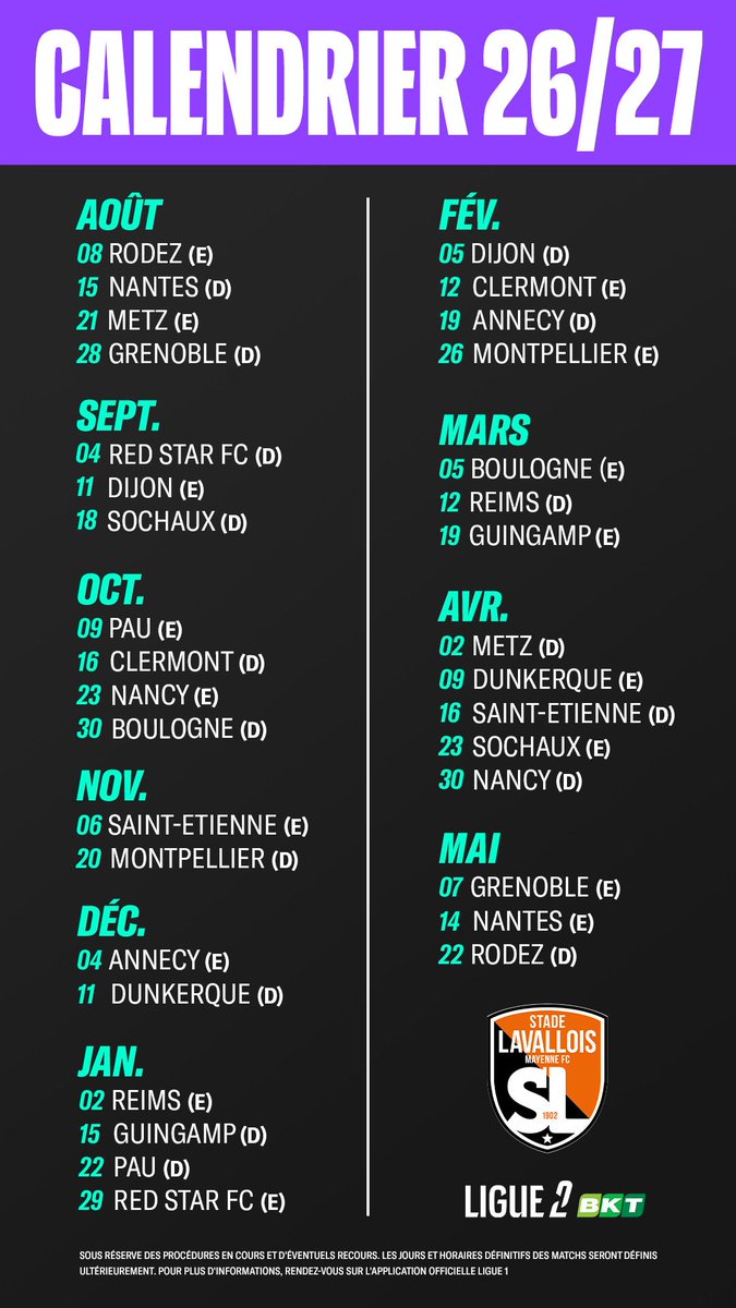 cyprien_legeay's tweet photo. 🟠⚫ Le calendrier intégral du Stade lavallois pour la saison 2026-2027. Les Tango débuteront et termineront par une confrontation face à Rodez. 

Premier choc de la saison dès la J.2 avec la réception de Nantes à Le Basser. https://t.co/GCBRvoE7YQ