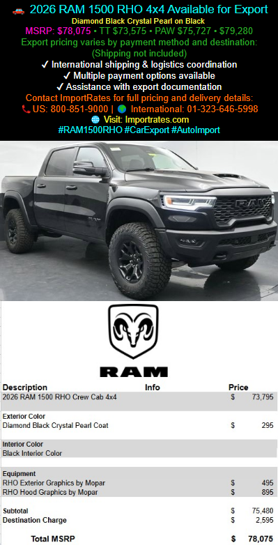 importrates's tweet photo. 2026 RAM 1500 RHO 4x4 Available for Export
MSRP:$78,075 • TT $73,575 • PAW $75,727 • $79,280
Export pricing varies by payment method and destination: (Shipping not included)Contact ImportRates for full pricing and delivery details:
🌐Visit:https://t.co/ZA3MMYrS4E
#RAM1500RHO https://t.co/PHbCQIHtZX