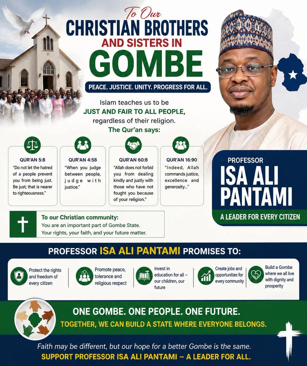 mohammad_abacha's tweet photo. A true leader is measured by justice, not religion. As the Qur'an teaches, fairness belongs to all humanity.
@ProfIsaPantami stands for knowledge, integrity, and equal opportunity for every community—Muslim and Christian alike. Let's unite for good governance.
​Let's build Gombe. https://t.co/ynq0tzEnlV
