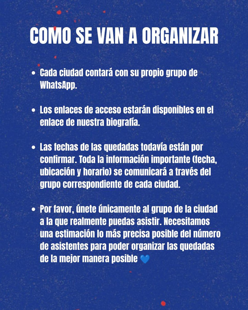 SpainBillie's tweet photo. Para cada ciudad hemos creado un grupo de WhatsApp donde se dará TODA la información importante (fecha, lugar, horario).Es muy importante que os unáis únicamente al grupo de la ciudad a la que sepáis que vais a asistir, ya que necesitamos tener una estimación real de asistentes‼️ https://t.co/cj1TjptJvP