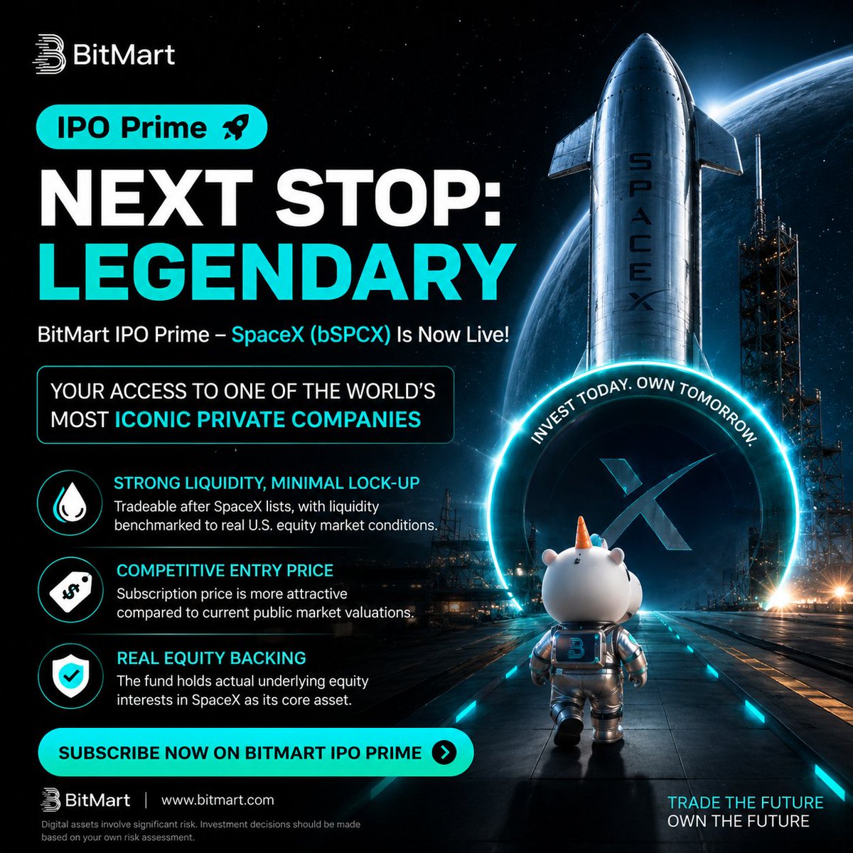 Onchain0x's tweet photo. Own a piece of the future.

SpaceX (bSPCX) is now live on BitMart IPO Prime. Don't wait for history to happen position yourself before the next launch. 🚀 @BitMartExchange @BitMart_Intern 

#BitMart #SpaceX https://t.co/K0Xp82mZea