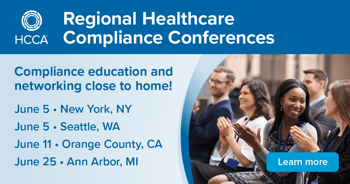 theHCCA's tweet photo. 🤝 Learn. Connect. Stay ahead. HCCA Regional Healthcare Compliance Conferences deliver top compliance education and peer networking close to home — so you can earn live CCB® CEUs without the hassle of a major trip. Find the regional conference near you! https://t.co/hllHIZt8WU https://t.co/6zQEhK7tH3