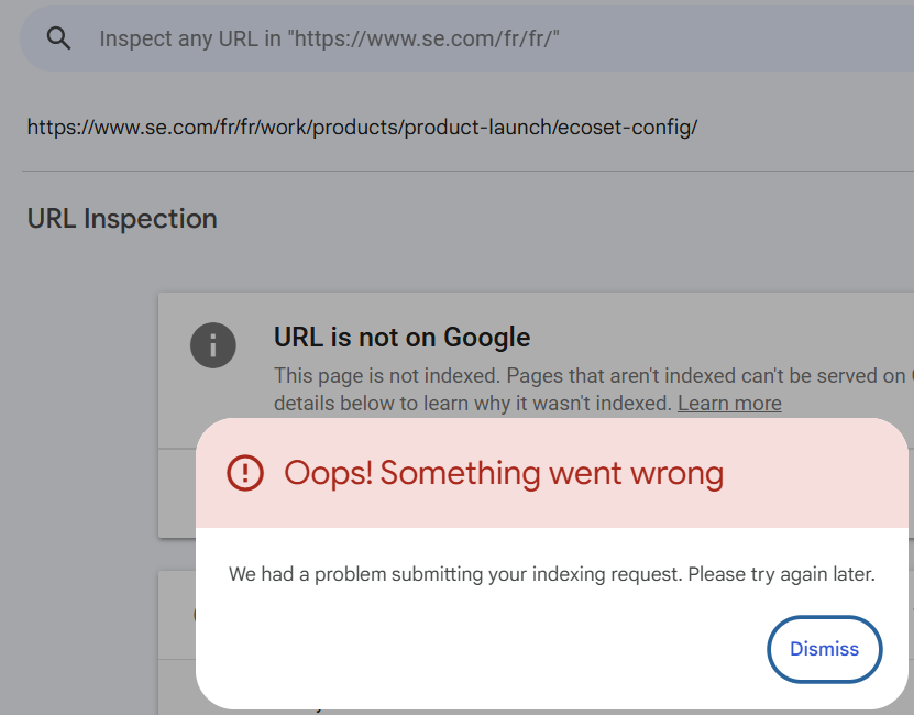 gravymatt's tweet photo. @googlesearchc @searchliaison 
We are in the serious / red alert -- GSC will not take our Request Index, we only receive "Oops! Something went wrong" -- for LOTS+LOTS+LOTS of pages across countries #seo https://t.co/uPqIWoCk4s