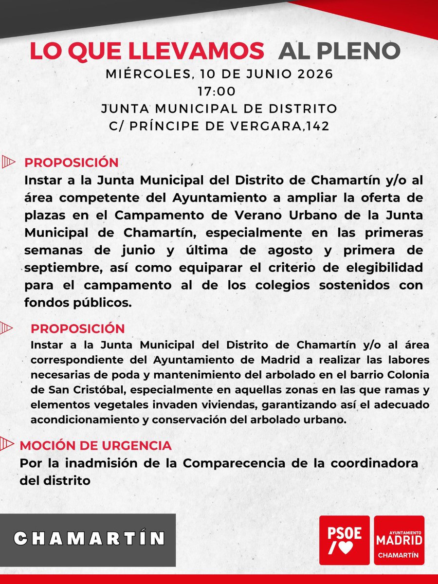 PSOE_Chamartin's tweet photo. Hoy tenemos pleno @JMDChamartin 

Llevamos muchas proposiciones que os dejamos aquí 

Pero queremos decir aquí y en todas partes que aunque bloqueen las iniciativas jamás vamos a dejar solos a los trabajadores. Porque somos el partido que los ha defendido desde hace 140  años https://t.co/DA72BZIR0d