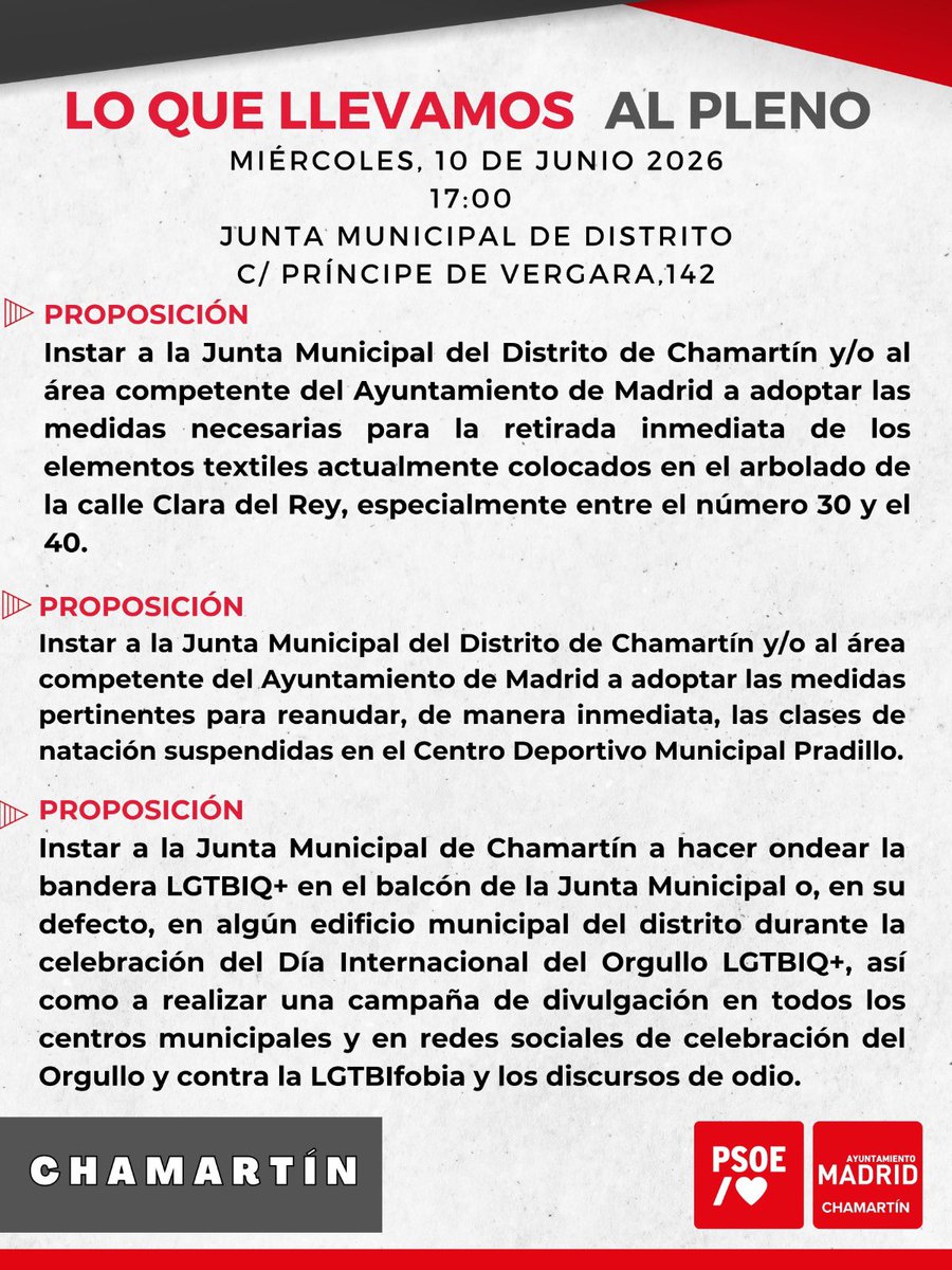 PSOE_Chamartin's tweet photo. Hoy tenemos pleno @JMDChamartin 

Llevamos muchas proposiciones que os dejamos aquí 

Pero queremos decir aquí y en todas partes que aunque bloqueen las iniciativas jamás vamos a dejar solos a los trabajadores. Porque somos el partido que los ha defendido desde hace 140  años https://t.co/DA72BZIR0d