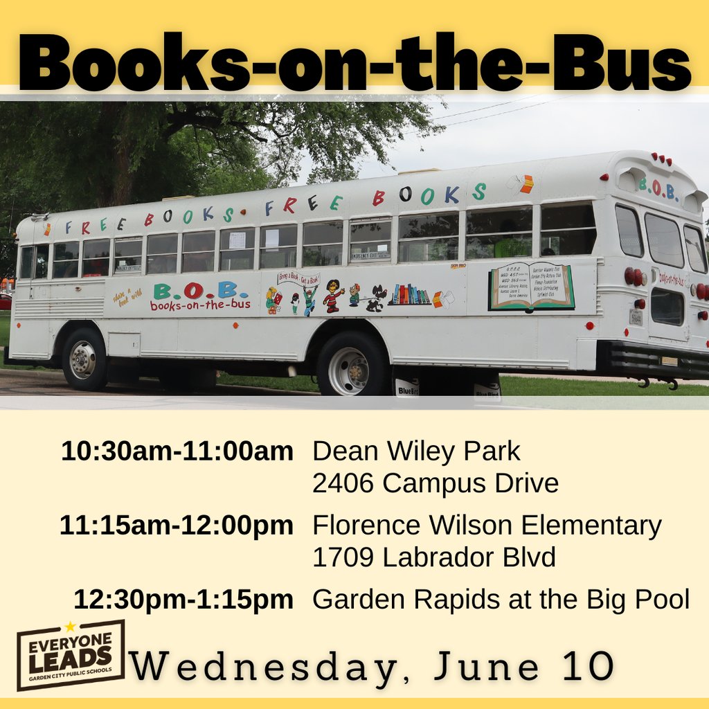 USD457's tweet photo. The USD 457 Books-on-the-Bus will visit Dean Wiley Park, Florence Wilson Elementary School, and Garden Rapids at the Big Pool on Wednesday. Find out more at: https://t.co/Aqt4QzAmvp https://t.co/SaFV429iRD