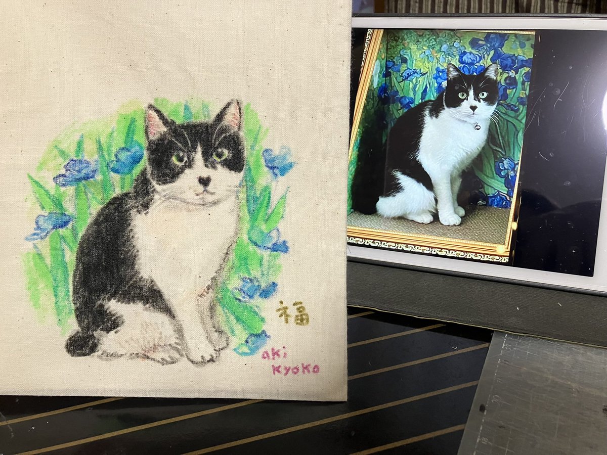 doremicompany's tweet photo. 静岡の宿題、
手描き巾着🤗

ハチワレのお鼻が🖤

背景の絵画🖼️っぽいのも
際限👏 https://t.co/JHicWt7182