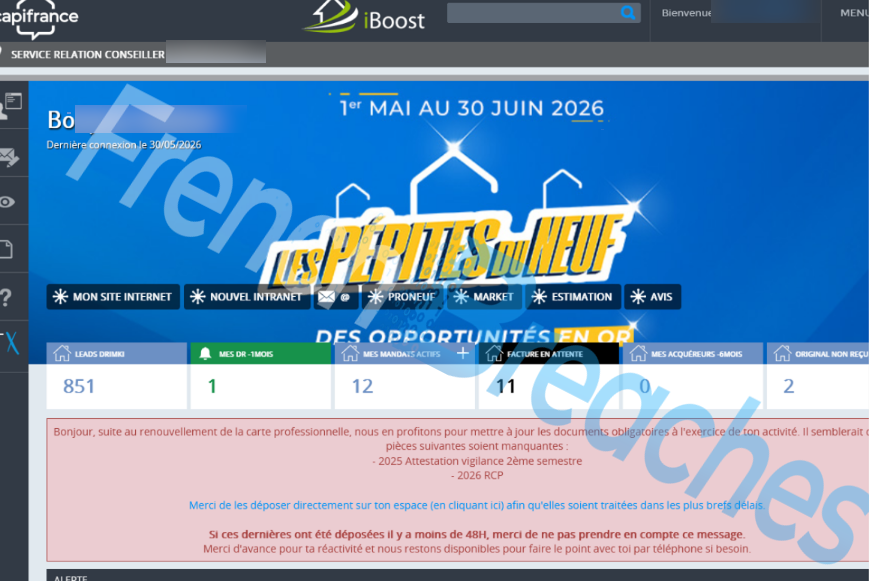 seblatombe's tweet photo. 🔴🇫🇷 ALERTE — Plus de 785 000 personnes potentiellement concernés par une fuite de données attribuée à Capifrance.

Le secteur immobilier français est une nouvelle fois visé par une importante fuite de données revendiquée sur le dark web. 

En quelques jours, plus de 4 millions de personnes se retrouvent potentiellement concernées par des fuites de données dans le secteur immobilier français.

Selon la publication diffusée par le cybercriminel ChimeraZ, les données proviendraient de plusieurs bases associées à Capifrance et représenteraient près de 3,6 millions d'enregistrements concernant plus de 785 000 personnes.

Les informations potentiellement exposées comprendraient notamment :

👉 noms et prénoms
👉 adresses e-mail
👉 numéros de téléphone
👉 adresses postales
👉 dates de naissance
👉 données de contacts et prospects
👉 informations relatives à des dossiers immobiliers
👉 données de transactions
👉 informations de signature et de suivi commercial
👉 références internes du réseau

Les échantillons publiés montrent également des données liées à des affaires immobilières, des contacts, des transactions et des documents utilisés par le réseau.
