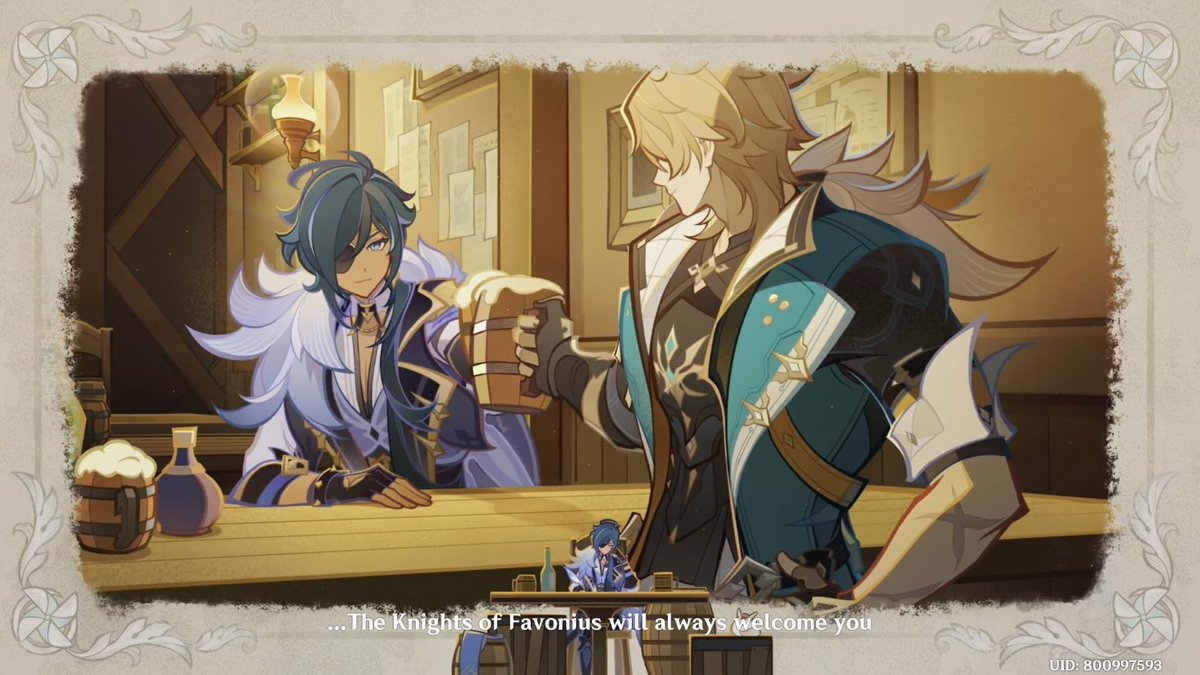 R13NER's tweet photo. Varka's story quest was the highlight of 6.X imo, what a beautiful love letter to mondstadt ugh i mean the knights of favonius theme at the end, the characters' lines, the buffs being called "longing", their letters &amp; thoughts of him helping varka escape, him gambling his– (1/2) https://t.co/YM2BHqJE59