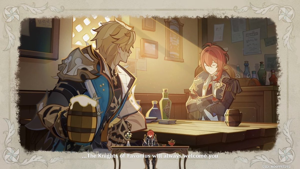 R13NER's tweet photo. Varka's story quest was the highlight of 6.X imo, what a beautiful love letter to mondstadt ugh i mean the knights of favonius theme at the end, the characters' lines, the buffs being called "longing", their letters &amp; thoughts of him helping varka escape, him gambling his– (1/2) https://t.co/YM2BHqJE59