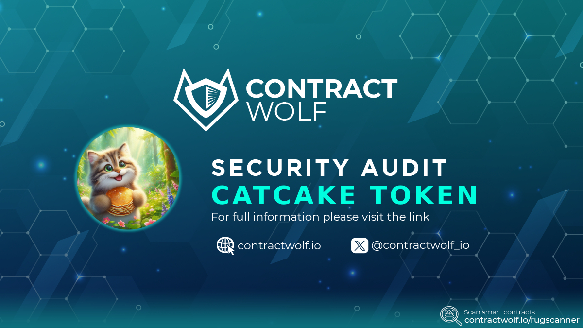 contractwolf_io's tweet photo. ContractWolf gladly announces the final report of smart contract audit for @catcaketoken 

Request a quote
https://t.co/yIBMxxr42G 

🛡Check the full audit report
https://t.co/F5lKlW9caQ 

#ContractWolf #SmartContract #SecurityAudit https://t.co/ATPvGMIrtJ