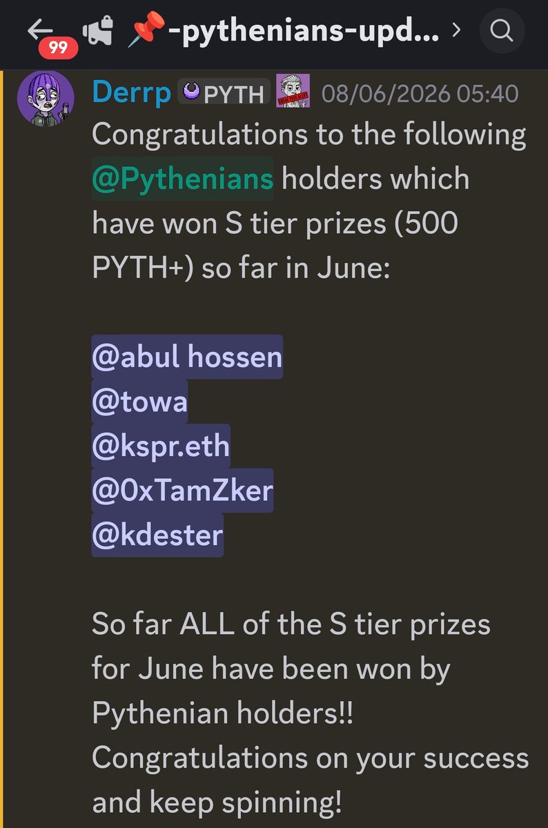SkyZ__DIGITALIA's tweet photo. New price feeds
New holders
New winnors
Never a better time than yesterday to get a @PytheniansNFT and join the cult with the best CM out there ๐ฎ๐๐ฝ
Get those weekly spins on #pythweheel and pray in the Temple that those land on Sโค Tier ๐ช
๐
Gongrats to winnors of #pythwheel
GG
Next week
Next opportunity
Next winnors
