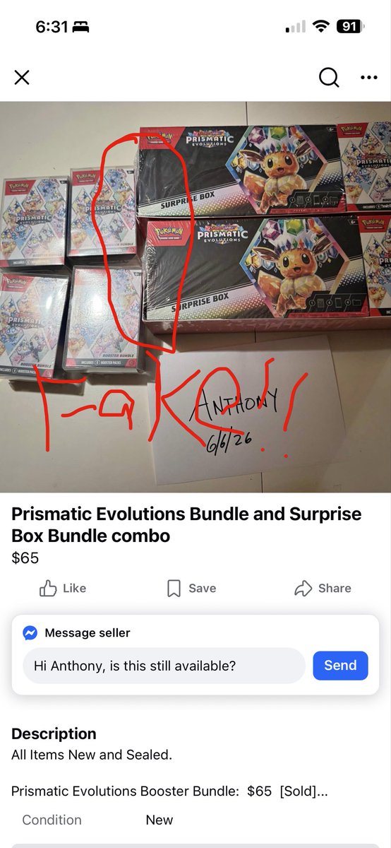 BladeSavvy's tweet photo. My kids wanted Pokémon cards, so I went on Facebook marketplace to look around. Then I found this guy, trying to scam people with resealed packages. Check it out #pokemon #scammer #pokemonscalpers https://t.co/q4X2Tu1y1H