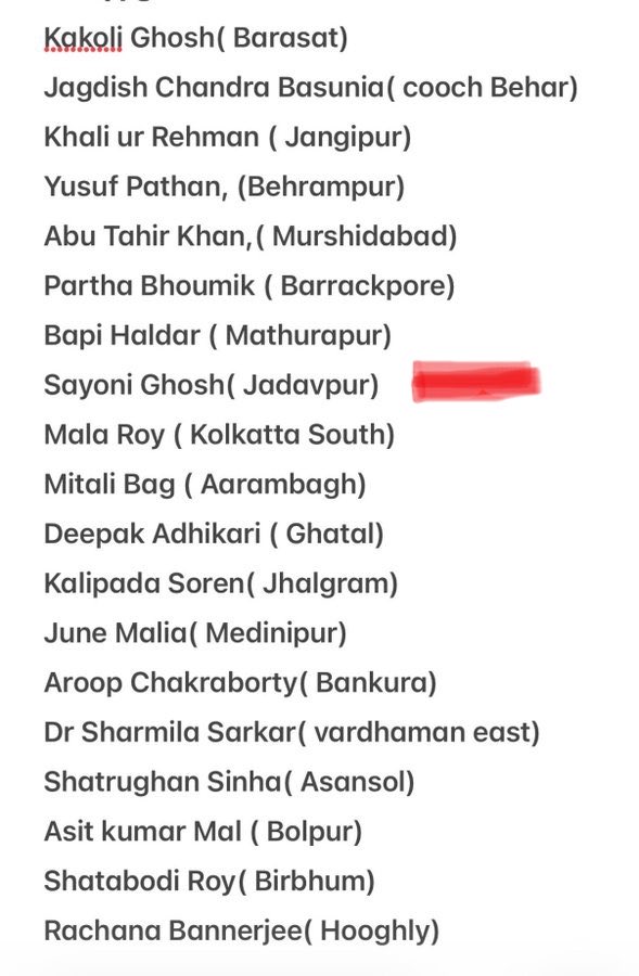PriaINC's tweet photo. List of TMC rebels 

Still can’t believe!! - Sayoni Ghosh

Loyalty is just another word. https://t.co/v8UDOZOQqq