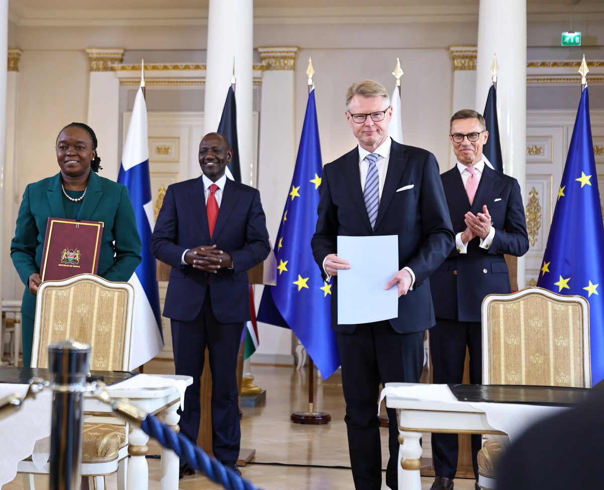 MusaliaMudavadi's tweet photo. Kenya and Finland are charting a stronger path of cooperation, innovation and shared prosperity as I accompanied H.E. President @WilliamsRuto for bilateral talks with H.E. @alexstubb, President of the Republic of Finland.

A key outcome of the visit was the signing of three Memoranda of Understanding covering the circular economy and bioeconomy, climate action, education, digitisation and innovation. These agreements will strengthen collaboration in research, technology transfer, skills development and investment.

Our discussions also focused on the importance of an effective multilateral system that responds to today's global challenges while reflecting the interests and aspirations of developing nations.

Kenya and Finland further reaffirmed their commitment to advancing peace, dialogue and international cooperation, guided by the principles of the United Nations Charter and the peaceful resolution of disputes.