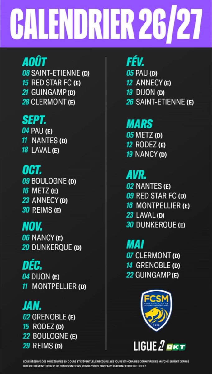 LaZoneSoch's tweet photo. 🚨 LE CALENDRIER 26/27 COMPLET DU FCSM EN @Ligue2BKT ! ⤵️ https://t.co/R26fKMri3F