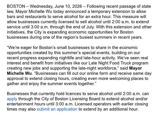NikDeCostaKlipa's tweet photo. Mayor Michelle Wu announces that Boston will allow an extended last call this summer *and* also that the city plans to announce "a designated social district where public consumption of alcohol will be permitted." https://t.co/1oSBq6Hffn