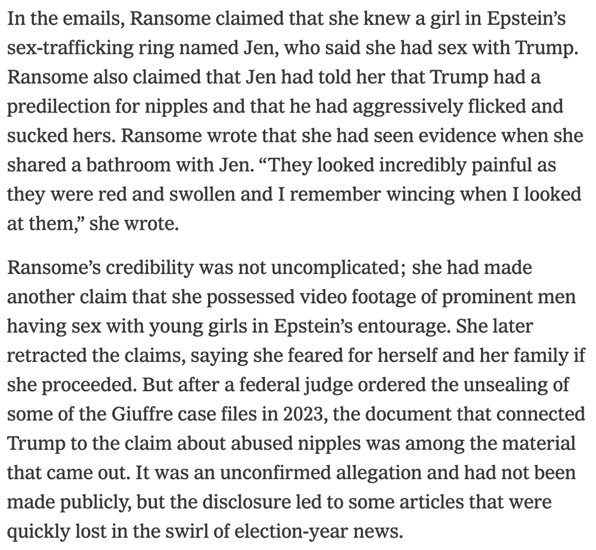 TVietor08's tweet photo. BIG excerpt out from new @maggieNYT and @jonathanvswan book “Regime Change: Inside the Imperial Presidency of Donald Trump”...apparently WH staff were terrified about the release of a document alleging Trump had a "predilection for nipples" and abused those of an Epstein victim https://t.co/2x18JqUwqo