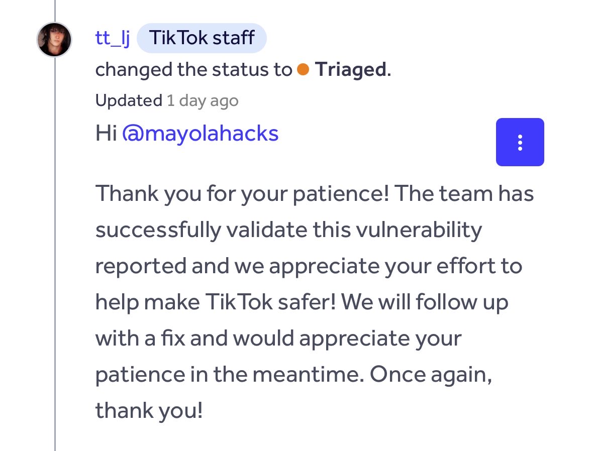 guyywww's tweet photo. Another triaged report from the TikTok team on @Hacker0x01 amazing team https://t.co/AyXr7pFGSw