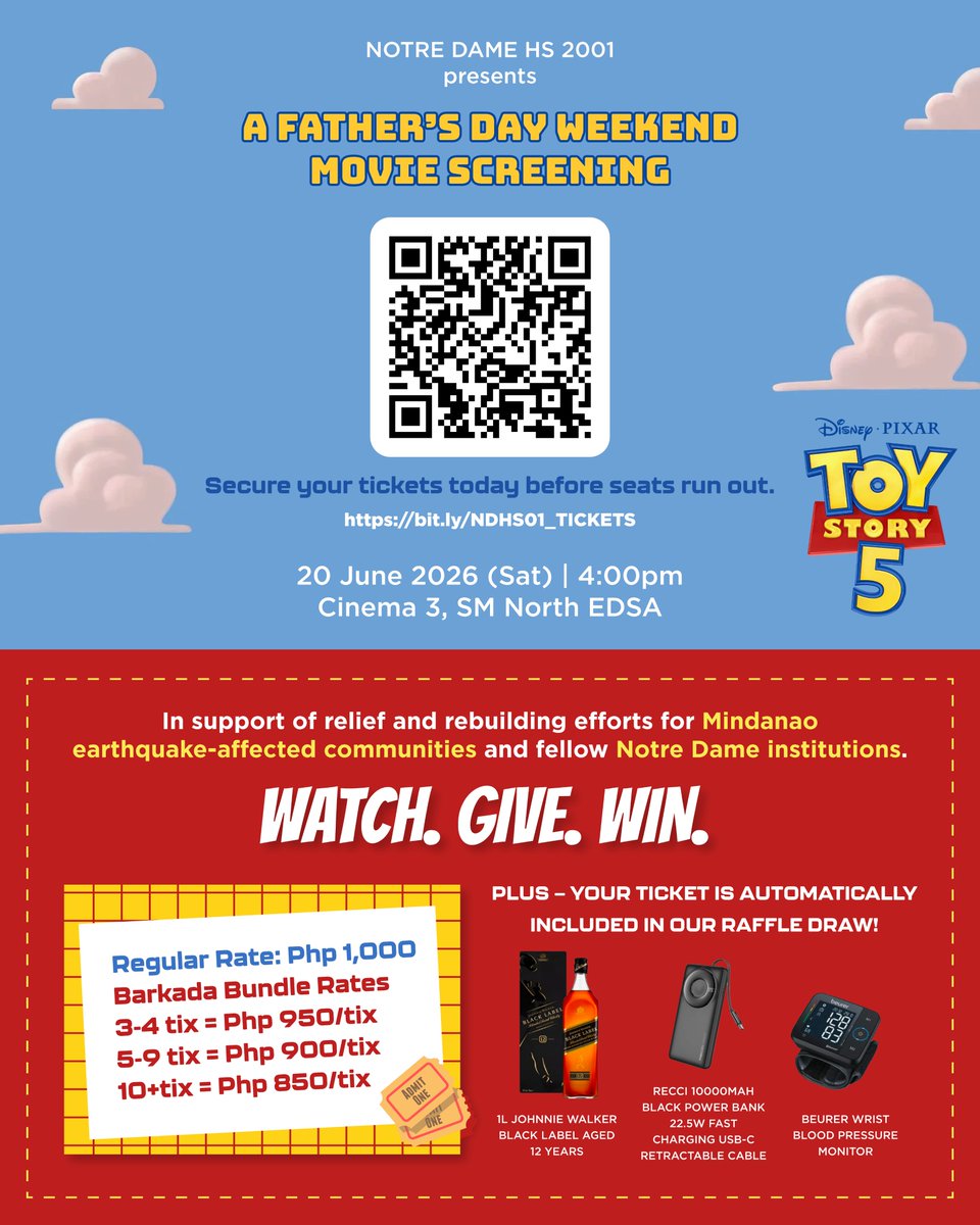 twistedjase's tweet photo. WATCH. GIVE. WIN.

Join Notre Dame HS 2001

Every ticket purchased helps support relief and rebuilding efforts for Mindanao earthquake-affected communities and fellow Notre Dame institutions.

Reserve your tickets now:
https://t.co/daRZ5BKrJe
Or scan the QR code on the poster. https://t.co/dSn3jfqSmp