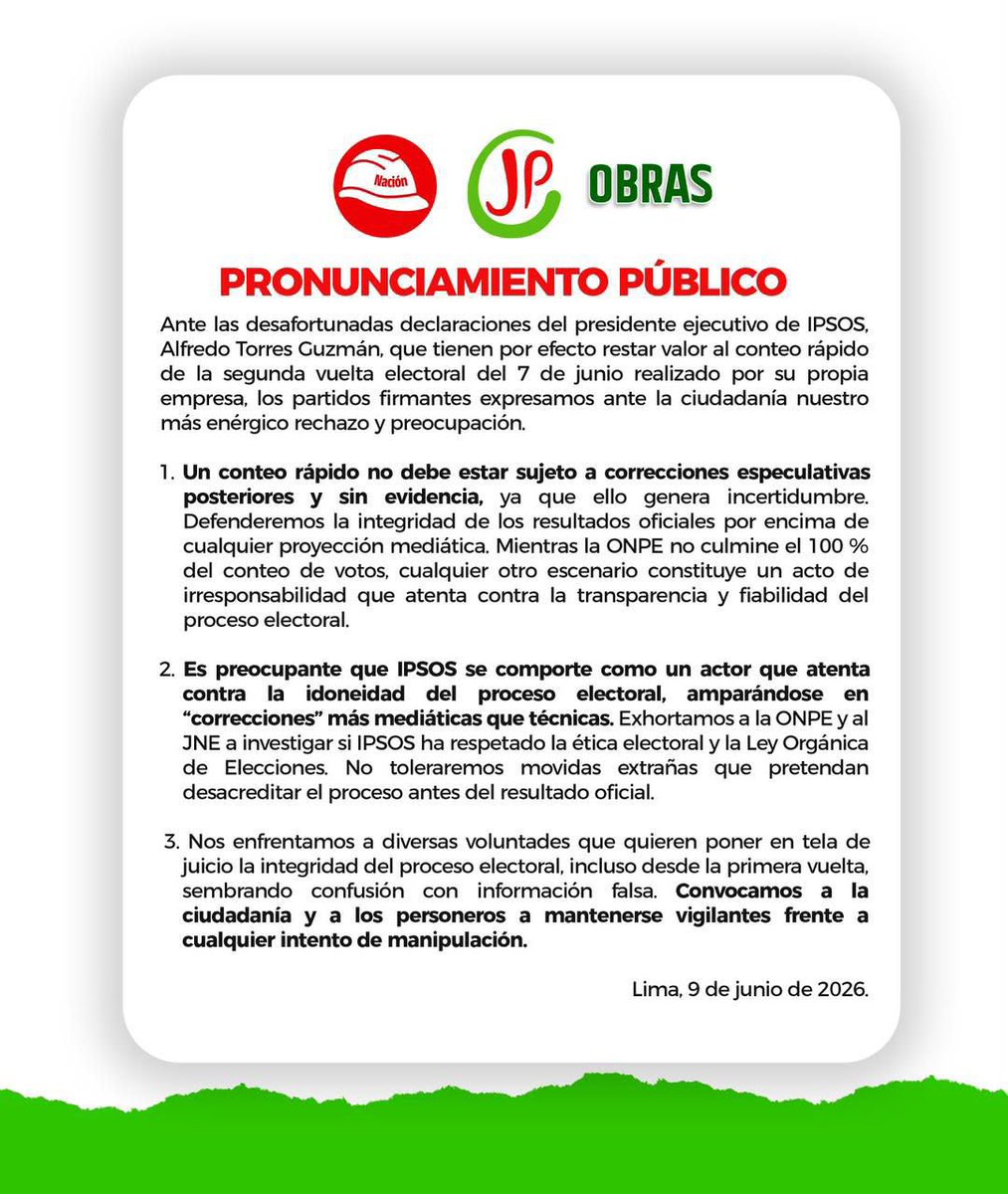 Epicentro_TV's tweet photo. Partidos Ahora Nación y Obras emiten un pronunciamiento mostrando su preocupación por las declaraciones del presidente de Ipsos modificando la proyección del voto. Convocan a la ciudadanía y a los personeros a mantenerse vigilantes. Roberto Sánchez dice que “las maniobras y voluntades por torcer la democracia encontrarán un Frente Democrático”