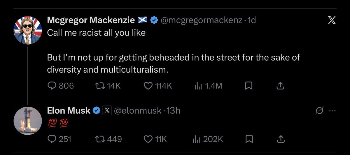 jimstewartson's tweet photo. Elon Musk is not just a Nazi. He is actively trying to start a race war in Europe. He is using this platform to deliberately stoke violence because he is genocidally racist.

The *entire system* that elevated him to be the first trillionaire needs cleansing, eternal fire. https://t.co/aqBJFuY8rS
