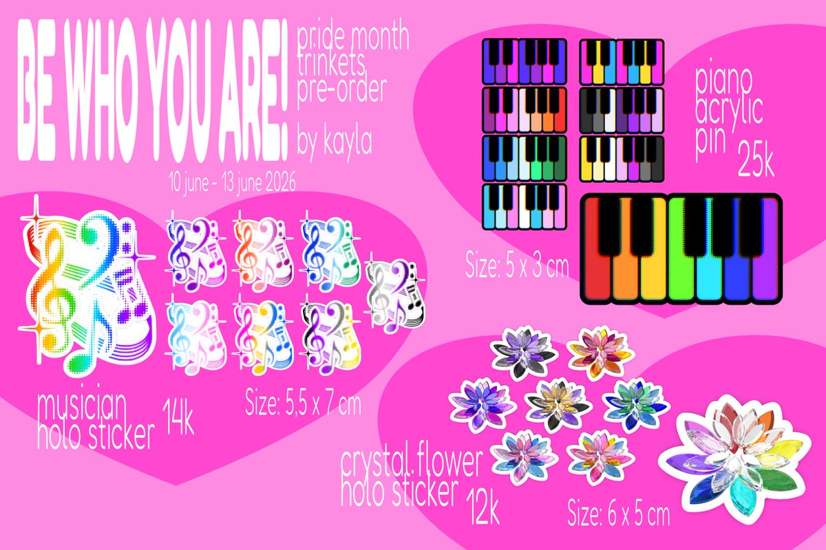 aaaaisyak's tweet photo. looking for a way to express yourself? don’t ever dim your light for anyone 🩷🏳️‍🌈🏳️‍⚧️
OPEN MAIL PREORDER PRIDE TRINKETS by aaaaisyak (indo only)

🗓️ preorder 10-13 juni 2026 (diproses dalam 1-2 minggu)
📦 pengiriman melalui shopee

preorder form link: https://t.co/fo3lDelhuP https://t.co/OcVkmClRDs