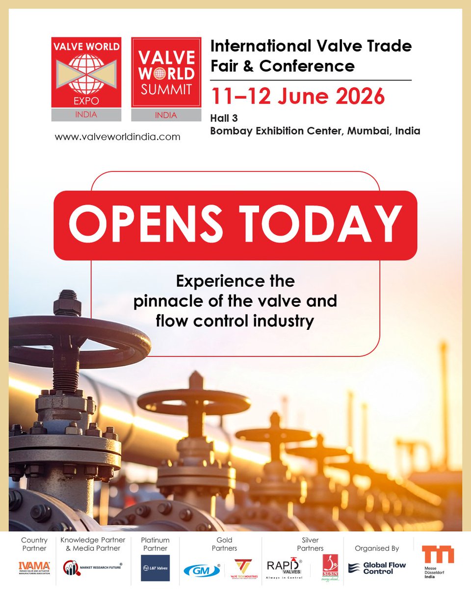 ValveWorld_IN's tweet photo. Valve World Expo India 2026 will officially be live today. 🌍✨

The most anticipated gathering for the global flow control community kicks off today in Mumbai. 
Maximise your time at the venue. Secure your trade visitor pass here:
https://t.co/tfjXvglIBW

#ValveWorldExpoIndia https://t.co/k0ZIy7pgQu