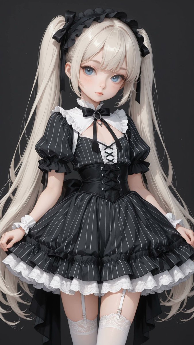 AliceLavli's tweet photo. ピンストライプのゴシックロリータをどうぞ✨
gothic pinstripe dress, charcoal gray fabric base, bold white pinstripes, dense vertical white pinstripes covering entire garment, uninterrupted vertical white pinstripes from neckline to hem, continuous pinstripes across bodice, waist, sleeves, peplum and every skirt tier, evenly spaced pinstripes, high-contrast white stripe pattern, dominant pinstripe design, pinstripes as primary fabric pattern, full coverage pinstripe fabric, square neckline, white lace neckline trim, black ribbon bow at center chest, long ribbon tails, crossed neck straps, X-shaped neckline straps, short puff sleeves, fitted corset-style bodice, vertical panel construction, white lace side inserts, cinched waist silhouette, layered peplum waist ruffle, tiered ruffle mini skirt, three-tier skirt construction, structured flared silhouette, elegant gothic doll aesthetic, strict color placement, charcoal gray fabric only, white pinstripes only, white lace trim only, black ribbons only, black neckline straps only, solid charcoal gray background, pure white stripes only, no fading stripes, no broken stripes, no partial stripes