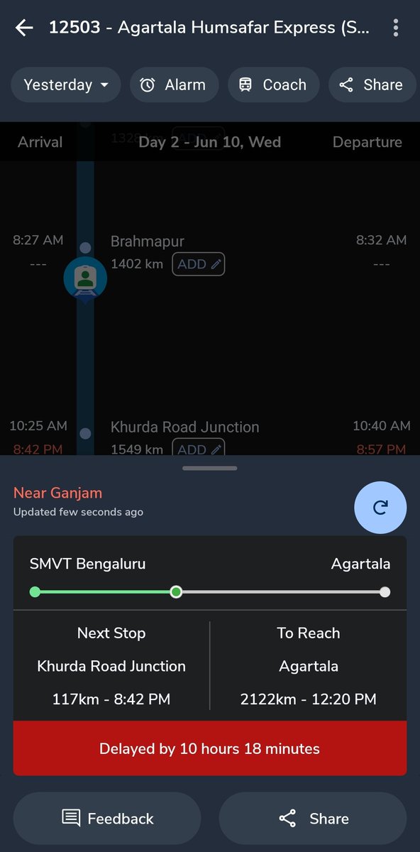 KL_Adarsh01's tweet photo. Iam Travelling In Agartala Humsafar Express Train No. 12503 I Boarded Train From SMVT The Departure Time Was 10:15 but it Resechduled By 4hrs Departed at 2:15, When It Entered Brahmapur Station It Stopage was 5 Mins It Stopted There for 2hrs 30Mins @IRCTCofficial @RailMinIndia. https://t.co/859Dj2S8Wg