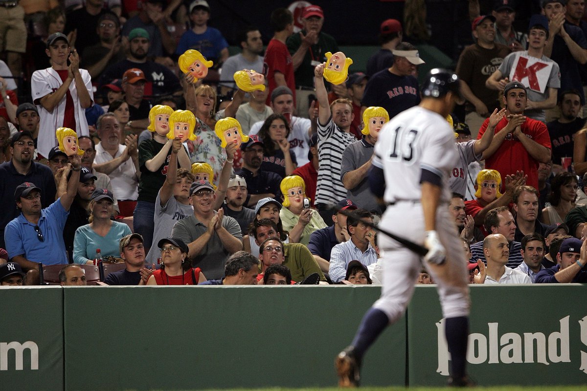historyinmemes's tweet photo. In 2007, photographs surfaced showing Alex Rodriguez with a blonde woman who was not his wife, sparking widespread media attention. Boston Red Sox fans quickly seized on the controversy, showing up to games wearing blonde wig masks to mock the Yankees star and turn the incident into a memorable ballpark taunt.