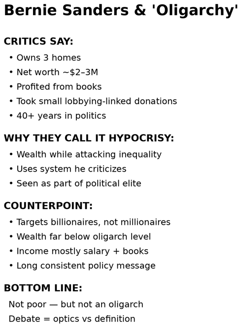 RSCLE5's tweet photo. @BernieSanders I used AI to ask it to outline to me if Bernie himself is supporting oligarchy himself, which he always accuses others of doing. I wasn't judgmental, I just asked it to tell me examples. This is what it said... https://t.co/gtWwaaQ0JZ