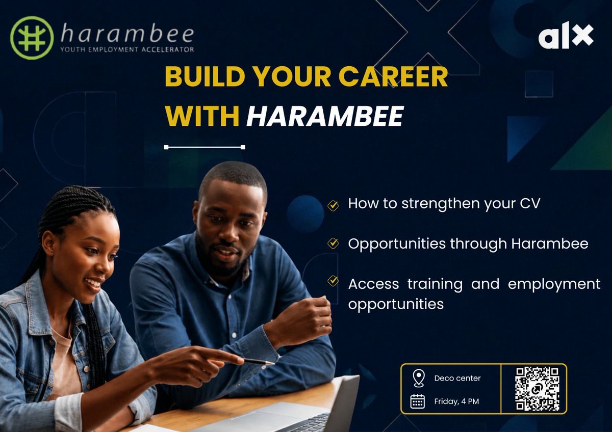 HarambeeRw's tweet photo. Ready to take the next step in your career 🤔

Join us this Friday for an interactive Career Readiness Workshop at the ALX Kigali Hub.

📅 Friday, 12 June 2026

⏰ 4:00 PM 

📲 Scan the QR code on the flyer to register

We look forward to seeing you there🚀 https://t.co/5bQfvRRjZu