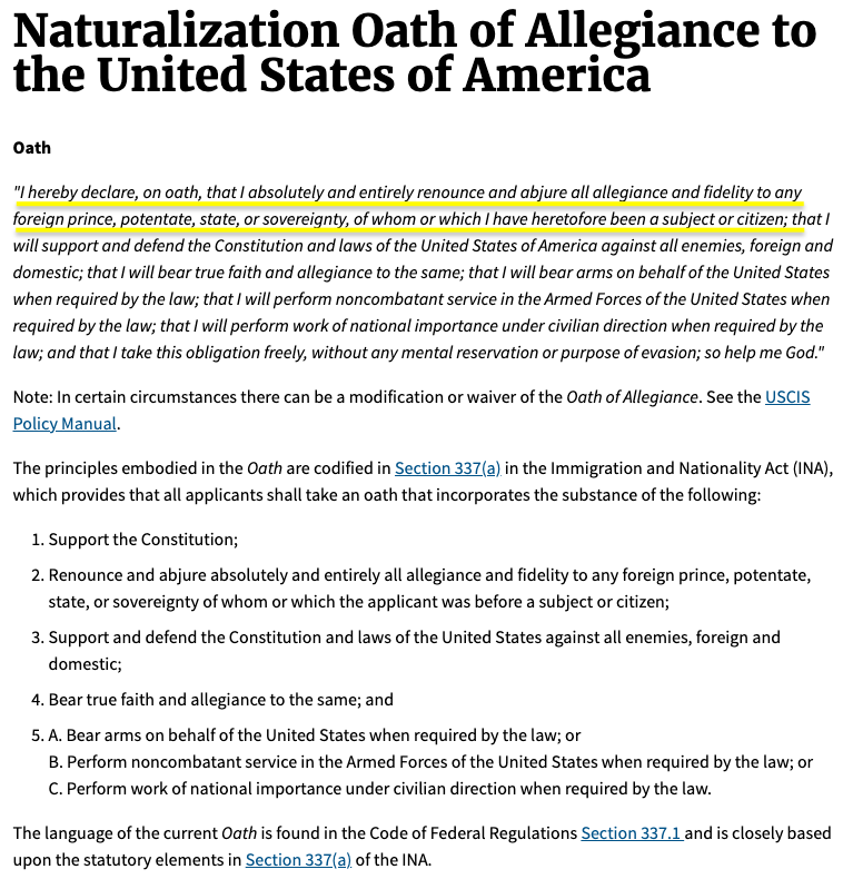 WallStreetMav's tweet photo. We could denaturalize millions on the opening line of the Naturalization Oath alone.

“I hereby declare, on oath, that I absolutely and entirely renounce and abjure all allegiance and fidelity to any foreign prince, potentate, state, or sovereignty, of whom or which I have heretofore been a subject or citizen”