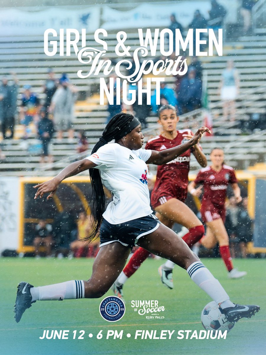 ChattanoogaFC's tweet photo. Girls and Women in Sports Night is FRIDAY 💙

Join us as we celebrate local girls' and women's sports teams at Friday's @CFC_Women match!

🎟️: https://t.co/Fuv1p179q4 https://t.co/P9dPo5pVlc