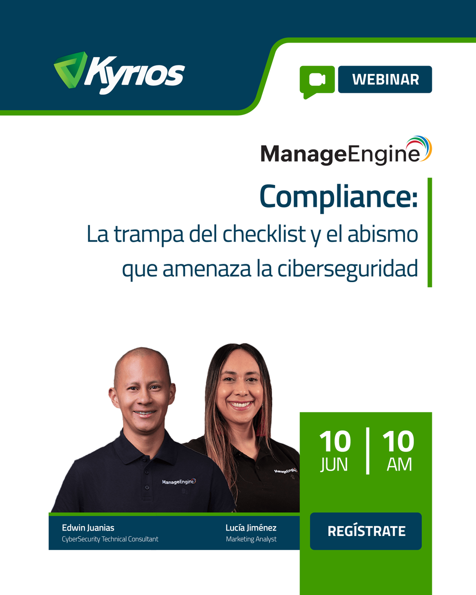 KyriosTech's tweet photo. El cumplimiento normativo debe ser una estrategia de defensa, no solo una lista de verificación.
📅 Fecha: Hoy 10 de Junio
🕙 Hora: 10:00 AM
👉 REGÍSTRATE GRATIS: https://t.co/l9vnlO8PRw
#Cybersecurity #Compliance #ITGovernance #RiskManagement #ManageEngine #Kyrios https://t.co/He6ttvqam6