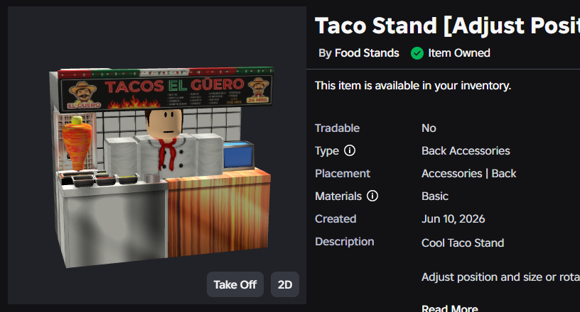 Storm_3D2's tweet photo. Hey!

𝗡𝗲𝘄 𝗨𝗚𝗖 𝗗𝗿𝗼𝗽

Mexican Taco Stand 🌮 𝗕𝗮𝗰𝗸 𝗔𝗰𝗰𝗲𝘀𝘀𝗼𝗿𝘆

Ignore if look opaque on Avatar try on

It look really bright in game.

Take a look to my accessory here: https://t.co/xQCYsl6F19

#RobloxUGC #Roblox https://t.co/8csbT7TZFC